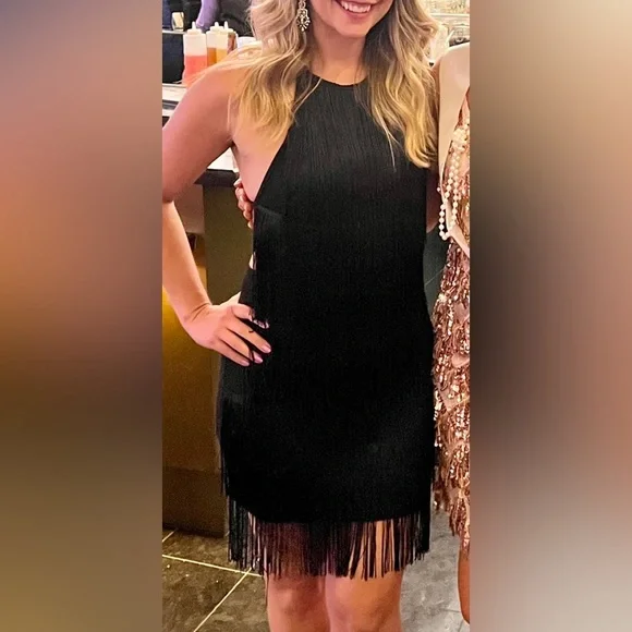 black fringe mini dress Jovani - 04977 Plunging Neck Rhinestone Fringe Hem Cocktail Dress 4 / Turquoise